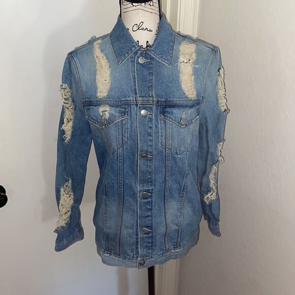 Lovers + Friends Factory Extensive Distressed Ripped Blue Denim Jacket Modern - Picture 4 of 16